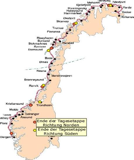 Reiseablauf -- von Bergen bis Kirkenes und zurück nach Trondheim