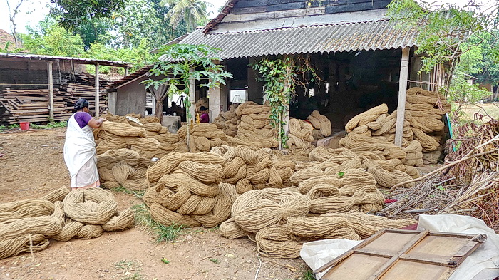 aus diesen Seilen (aus Kokosfaser) werden in dieser Fabrik Kokosmatten hergestellt